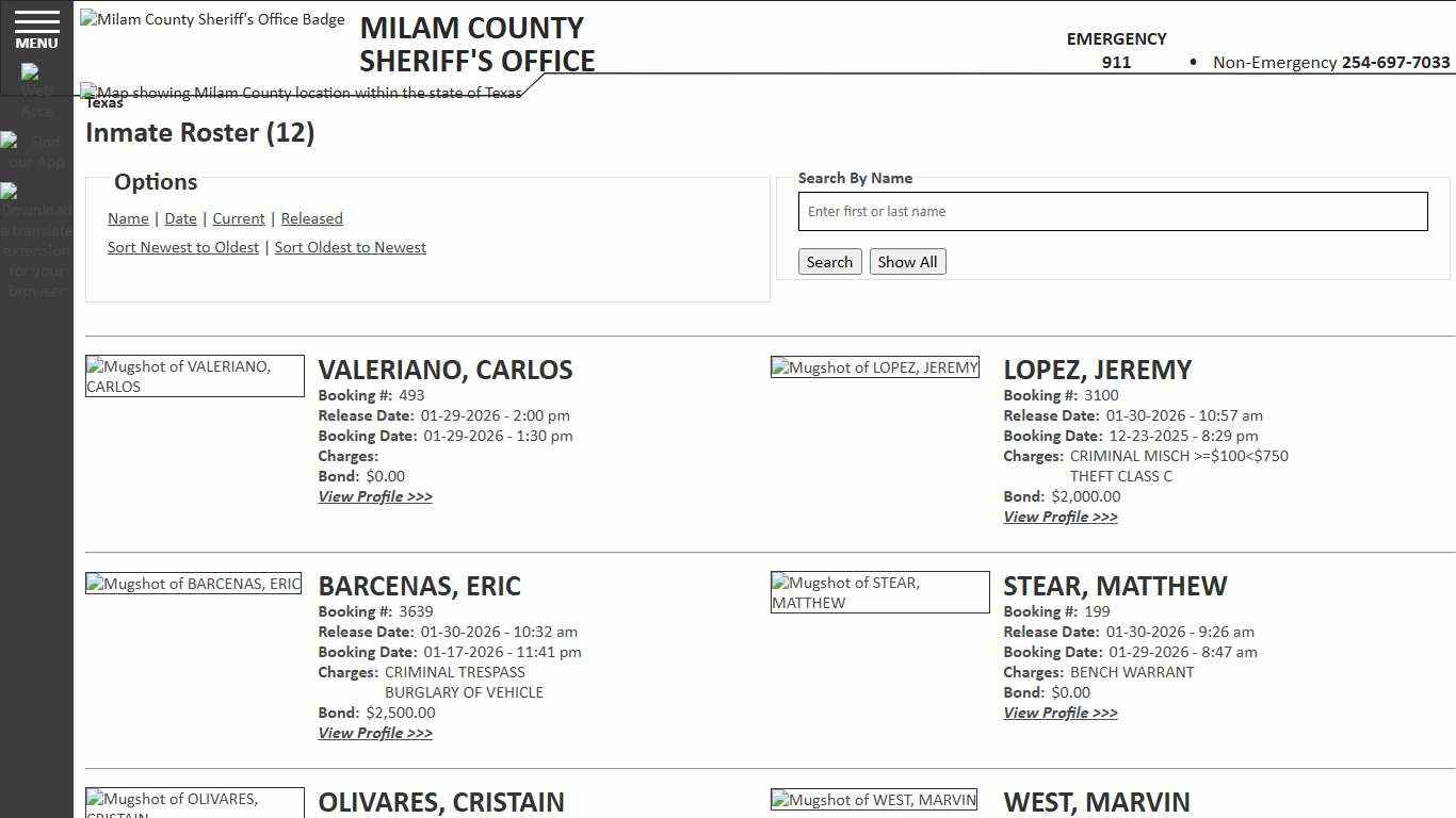 Inmate Roster - Released Inmates Booking Date Descending - Milam County Sheriff TX